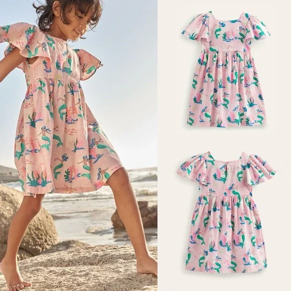 Mini Boden Pink Mermaids Cotton Girls Sundress Flutter Sleeves Sz 8-9y - Picture 1 of 11